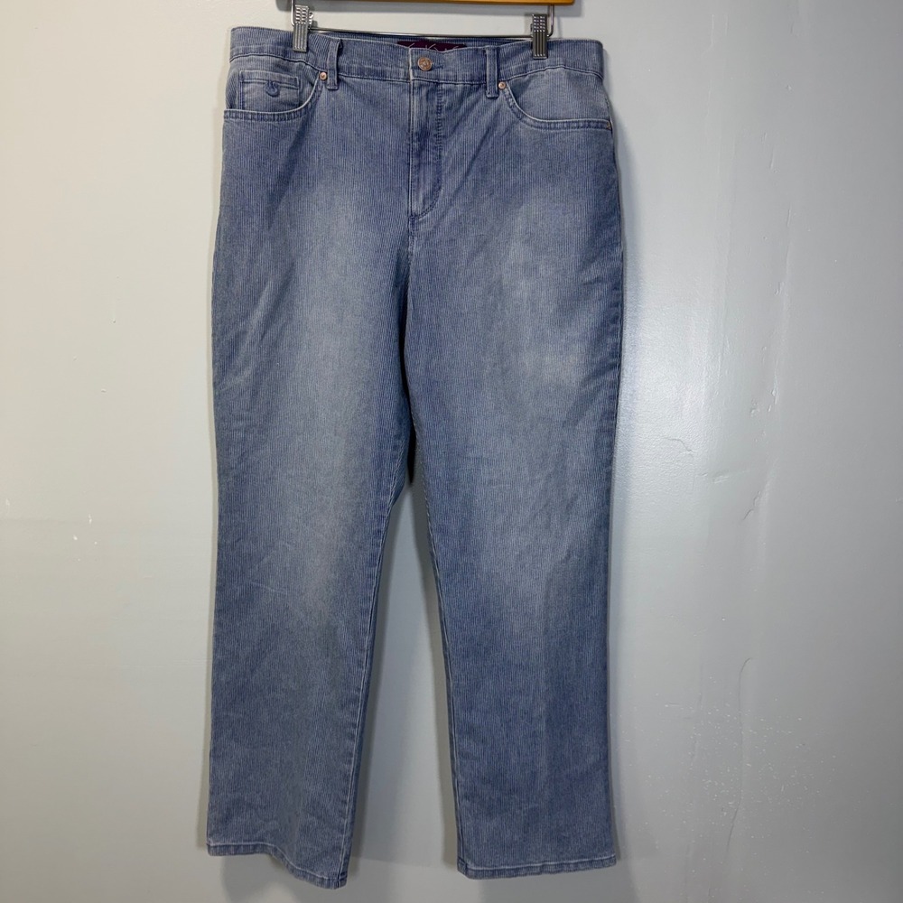 Gloria Vanderbilt Amanda Jeans 14 Short Blue White Striped Tapered Leg High Rise